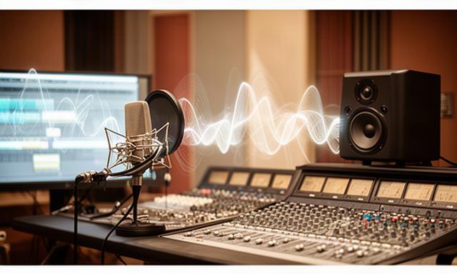 Mesa de producción con ondas sonoras, micrófono y monitor de audio en un estudio de León
