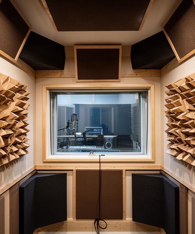 Interior de una cabina de grabación acústica con paneles difusores, trampas de graves y ventana hacia la sala de control