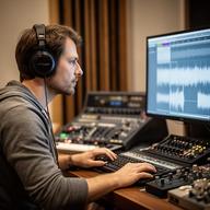 Técnica de postproducción ajustando una sesión de audio en un ordenador de estudio