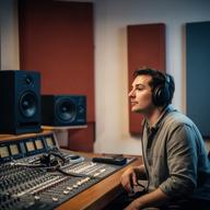 Productor musical escuchando una sesión junto a monitores de estudio