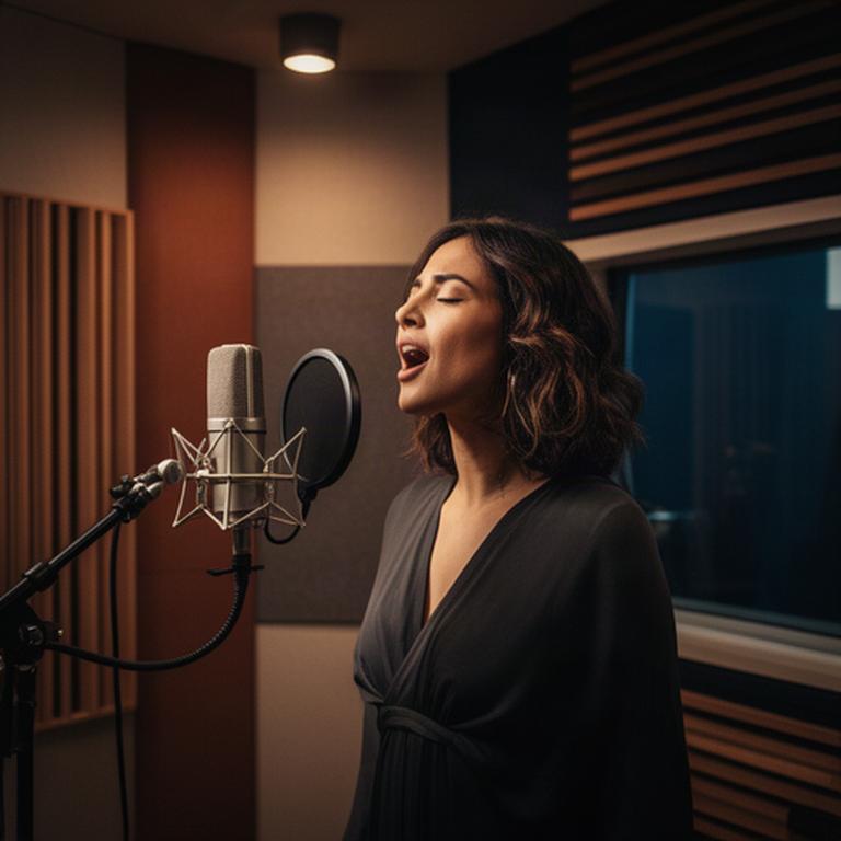 Cantante interpretando una canción dentro de una cabina acústica con luz cálida y micrófono de estudio