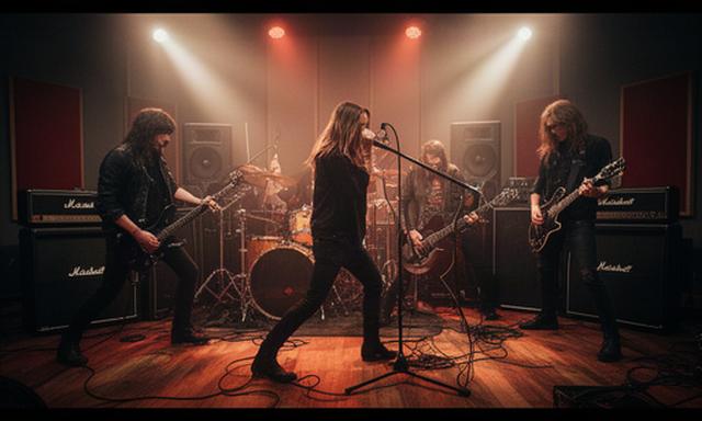 Banda de rock tocando junta en una sala de grabación con batería y amplificadores