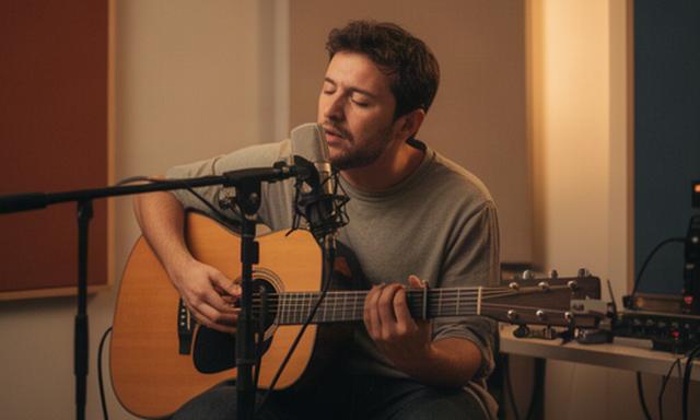 Cantautora interpretando una canción junto a una guitarra acústica en una sala de estudio íntima
