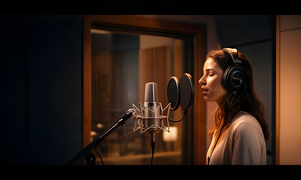 Cantante grabando una voz en una cabina acústica cálida con micrófono profesional en un estudio de León