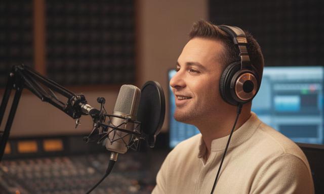 Locutor grabando un podcast frente a un micrófono de estudio con auriculares profesionales