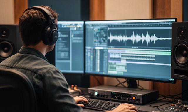 Técnica de postproducción editando diálogos y efectos en una estación de audio digital