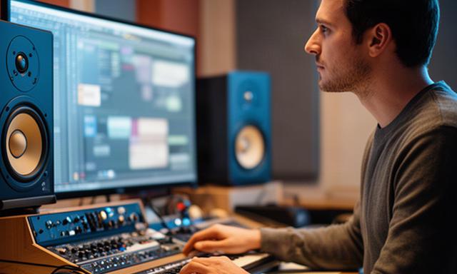 Productor musical escuchando una maqueta junto a monitores de campo cercano