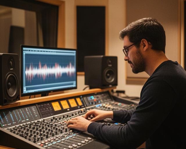 Técnico de sonido ajustando una mezcla en una sala de control de estudio con monitores de referencia