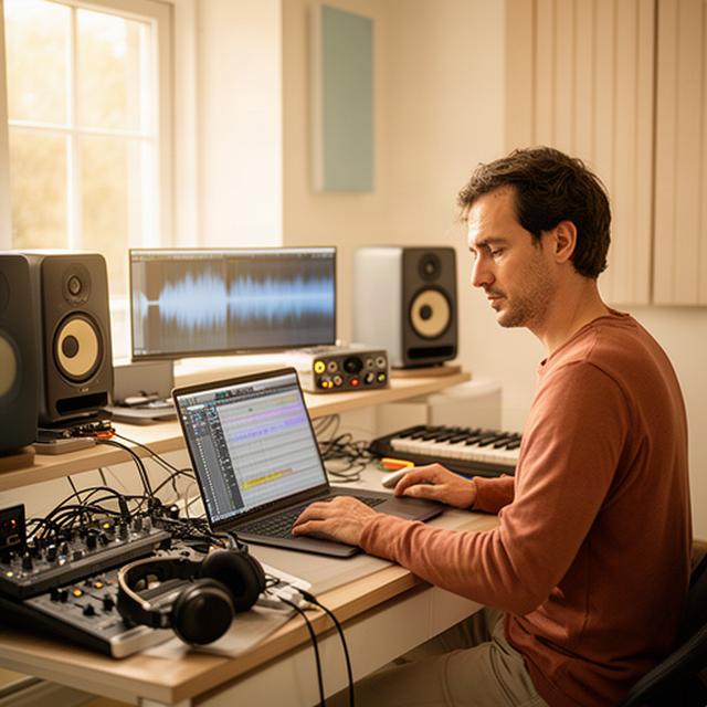 Productor trabajando con un portátil y una sesión de audio en un home studio luminoso