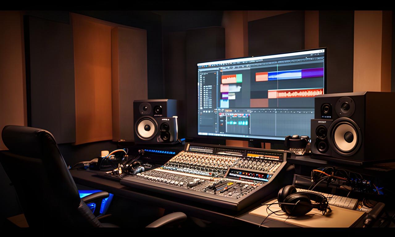 Sala de edición de sonido con monitores, consola y pantalla mostrando una línea de tiempo audiovisual