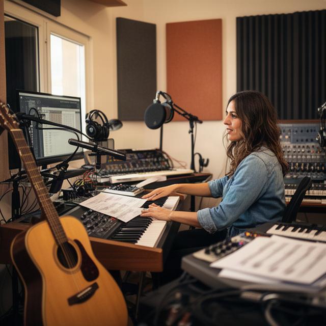 Productora musical trabajando con teclado, guitarra y notas en una sala de estudio de León