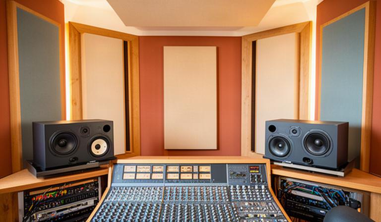 Sala de control de estudio de grabación con monitores de campo cercano y tratamiento acústico