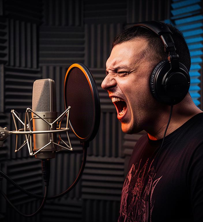 Cantante de metal frente a un micrófono de condensador en una cabina acústica