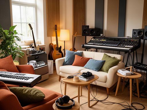 Zona de descanso y creación junto a instrumentos y material de producción musical